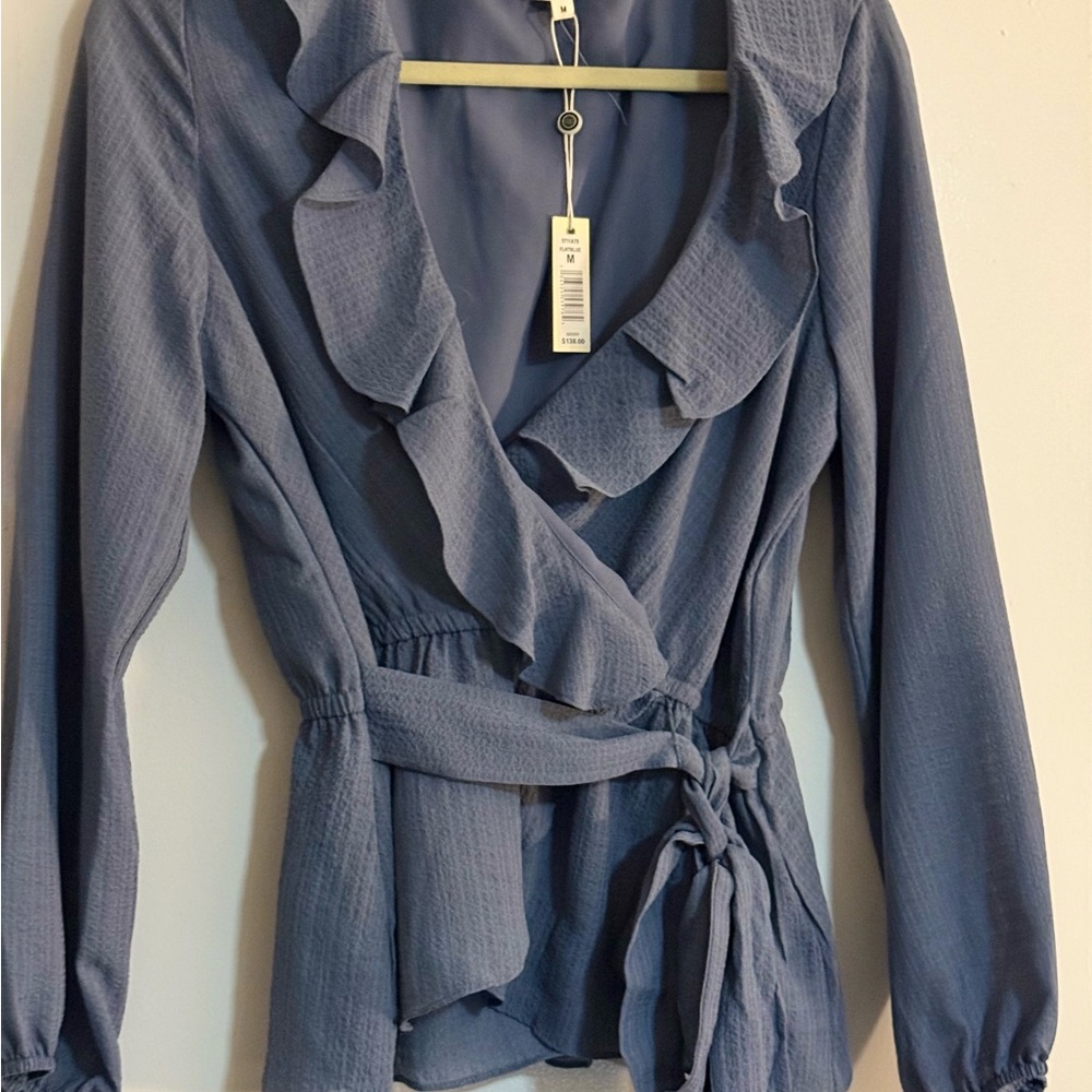 Max Studio Dusty Blue Ruffle Wrap Blouse